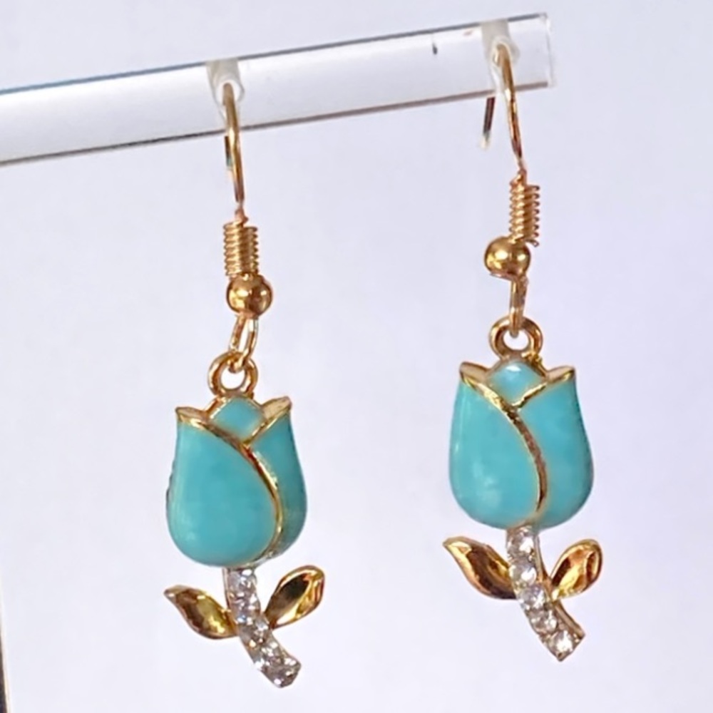 Blue Enamel Tulip Flower Diamond Gold Toned Earrings